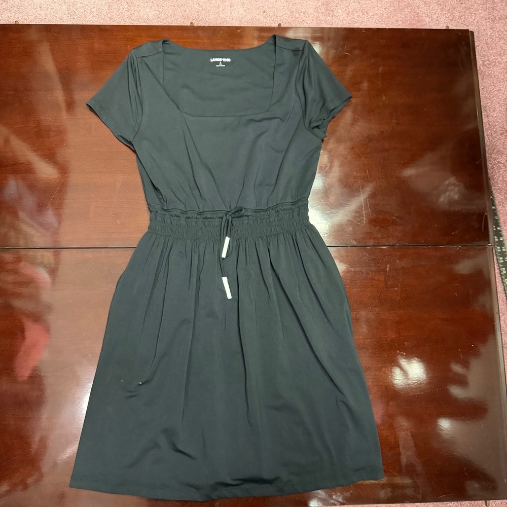 Lands End Womens Black Cotton Modal Square Neck Drawstring Waist Pocket Dress S